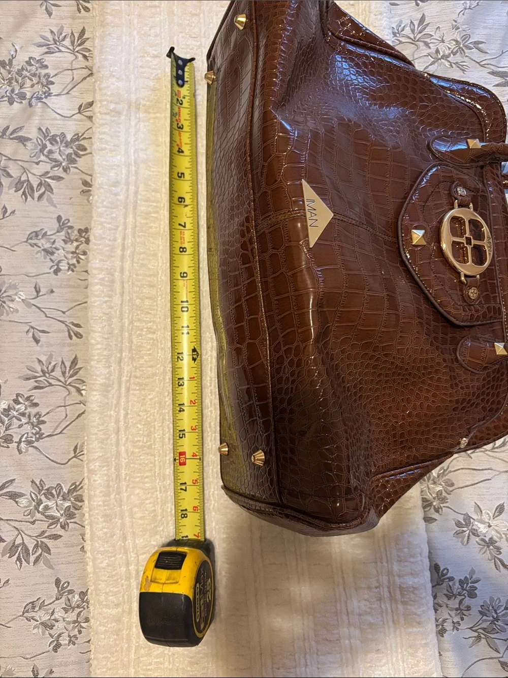 IMAN Dark Brown Croc-Embossed Tote with Gold Accents